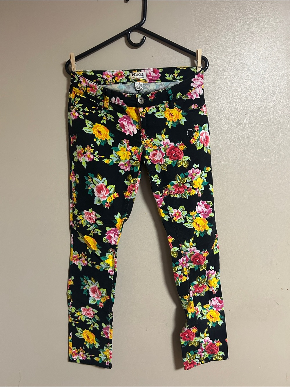 Mudd Black Floral Skinny Jeans with Pink and Yellow Roses
